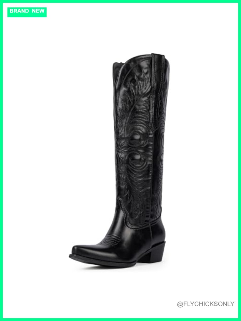 Knee High Cowgirl Boots Embroidered Pointed Toe Chunky Heel Pull On Wide Calf